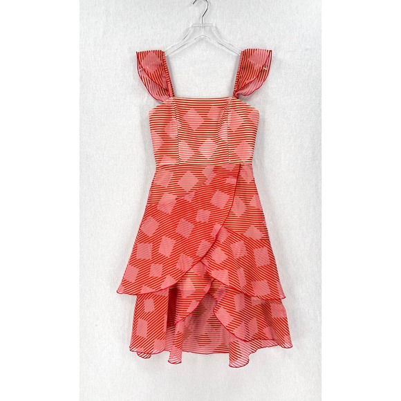 ALICE + OLIVIA Angelita Dress Women 4 Red Pink Sheer Stripe Ruffle Layered Party - Picture 8 of 16
